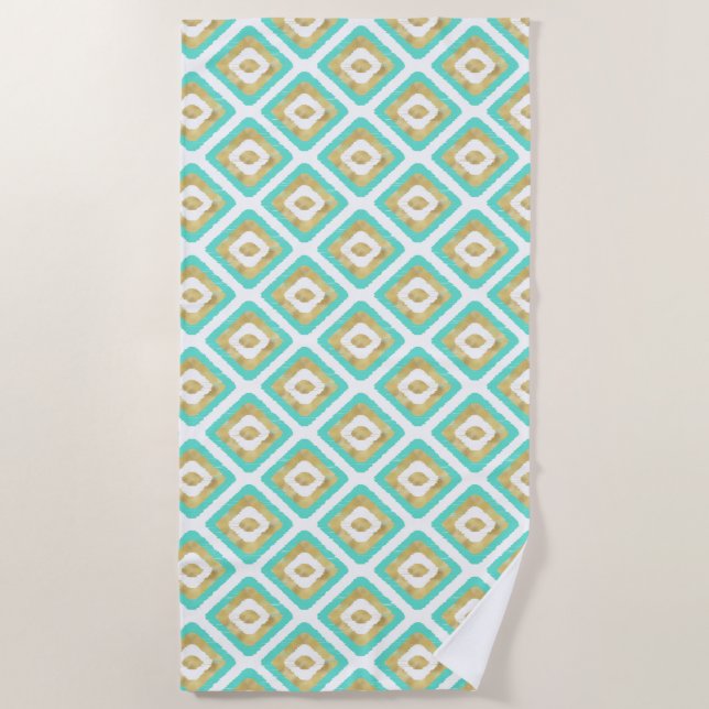 Gold & Turquoise Chic Ikat Pattern Beach Towel (Front)