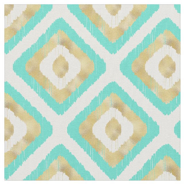 Gold & Turquoise Chic Ikat Pattern Fabric (Close Up)