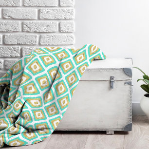 Gold & Turquoise Chic Ikat Pattern Fleece Blanket