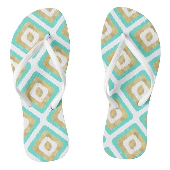 Gold & Turquoise Chic Ikat Pattern Flip Flops (Footbed)