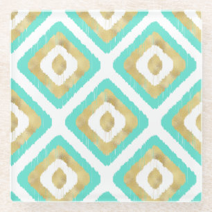 Gold & Turquoise Chic Ikat Pattern Glass Coaster