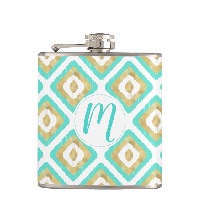 Gold & Turquoise Chic Ikat Pattern Hip Flask (Front)