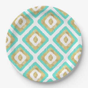 Gold & Turquoise Chic Ikat Pattern Paper Plate
