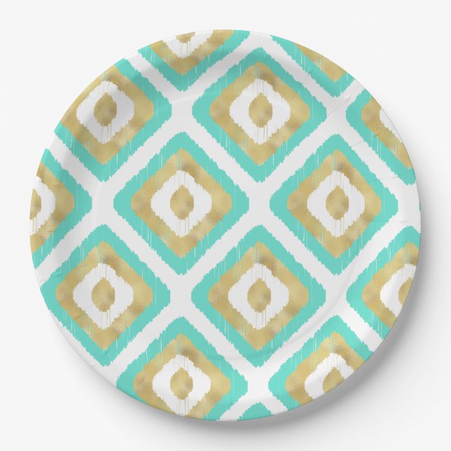 Gold & Turquoise Chic Ikat Pattern Paper Plate (Front)