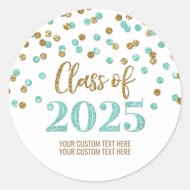 Gold Turquoise Confetti Graduation 2025 Classic Round Sticker (Front)