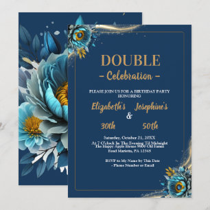 Gold Turquoise floral double joint birthday Invitation