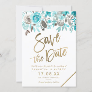Gold turquoise floral watercolor save the date