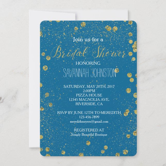 Gold Turquoise Glittery Confetti bridal shower Invitation (Front)