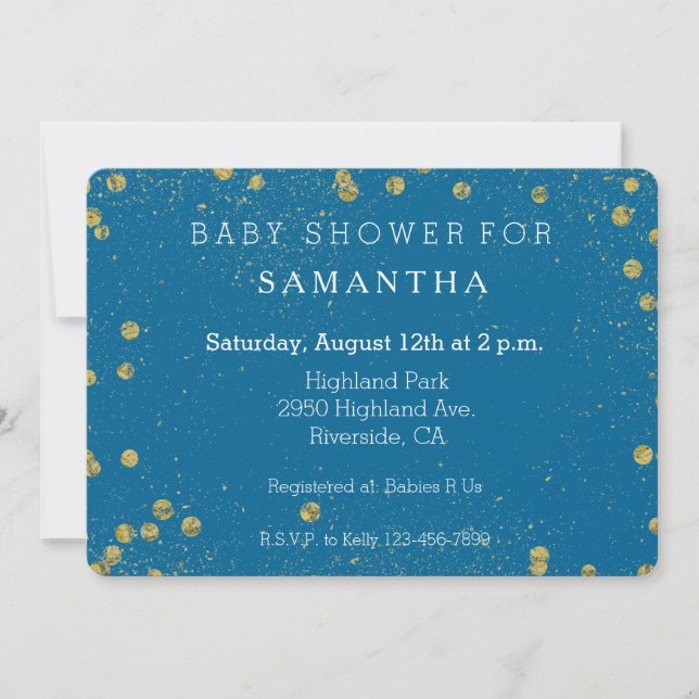 Gold Turquoise Glittery Confetti Dots baby shower Invitation (Front)