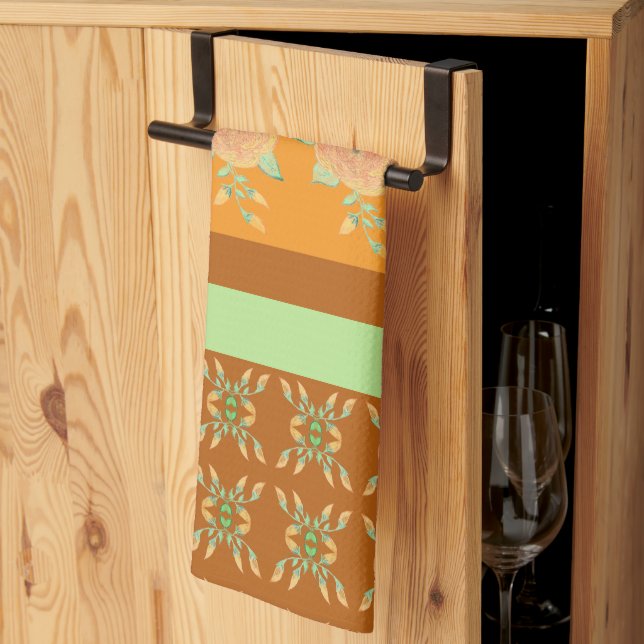 Gold turquoise green patterned tea towel (Thirds Fold)