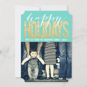 Gold Turquoise Happy Holidays Photo Flat Card