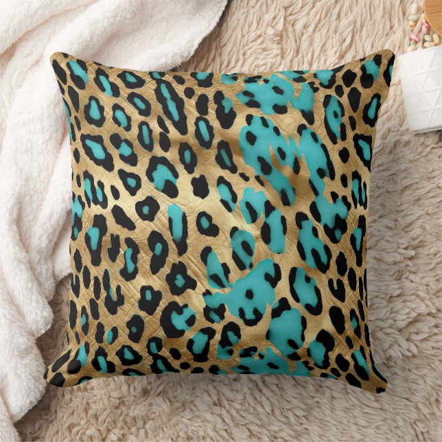 Gold Turquoise Leopard Print Cushion (Blanket)