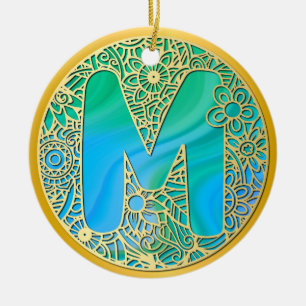 Gold, Turquoise letter M and Colourful Flowers Ceramic Tree Decoration