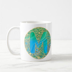 Gold, Turquoise letter M and Colourful Flowers Coffee Mug