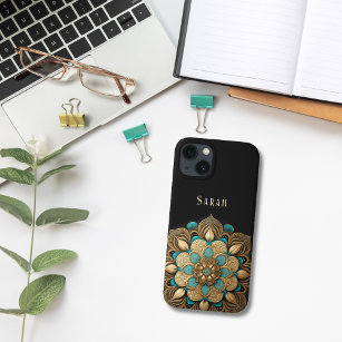 Gold Turquoise Lotus Flower Black Case-Mate iPhone Case