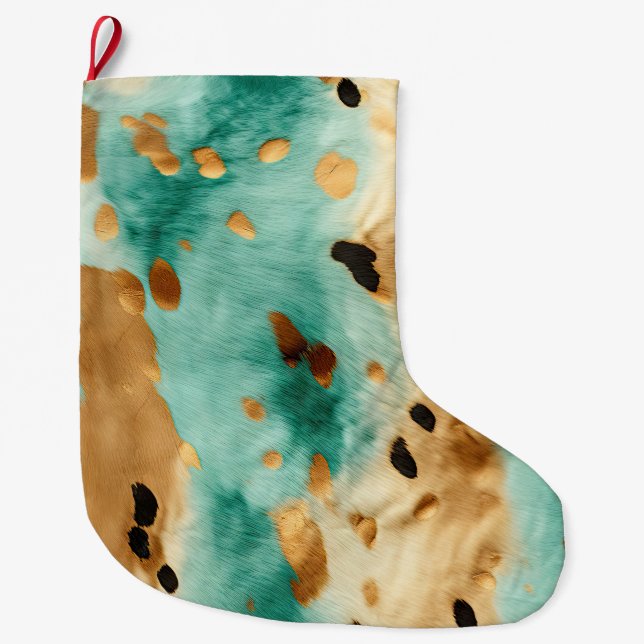 Gold Turquoise Mint Animal Cowhide Large Christmas Stocking (Front)