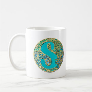 Gold, Turquoise Monogram S and Colourful Flowers Coffee Mug