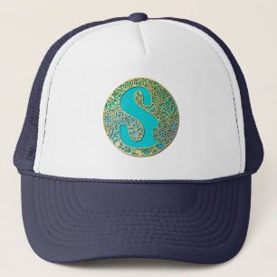 Gold, Turquoise Monogram S and Colourful Flowers Trucker Hat