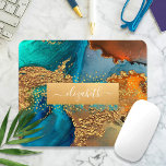 Gold turquoise orange marble watercolor monogram mouse mat<br><div class="desc">A sparkly, faux gold foil band with your script typography name overlays a rich, gold veined, turquoise blue, and yellow orange watercolor background on this elegant, trendy, girly, custom name mousepad. Makes a chic and stylish statement every time you use it. A great gift for a friend, as well as...</div>
