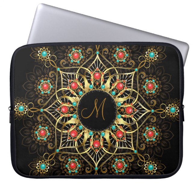 Gold Turquoise Red Mandala Monogram Laptop Sleeve (Front)