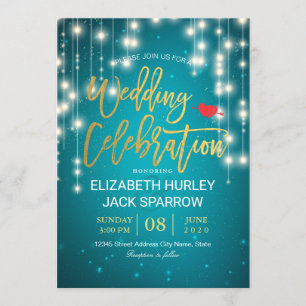 Gold & Turquoise String Lights Wedding Celebration Invitation
