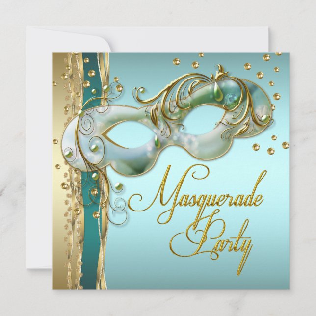 Gold Turquoise Teal Blue Masquerade Party Invitation (Front)