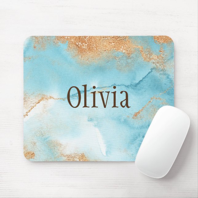 Gold Turquoise Watercolor Abstract Name Modern Mouse Mat (With Mouse)