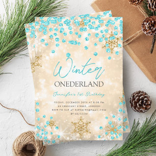 Gold Turquoise Winter ONEDERLAND 1st Birthday Invitation
