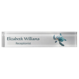 Gold Turtle Blue Watercolor Coastal Nameplate