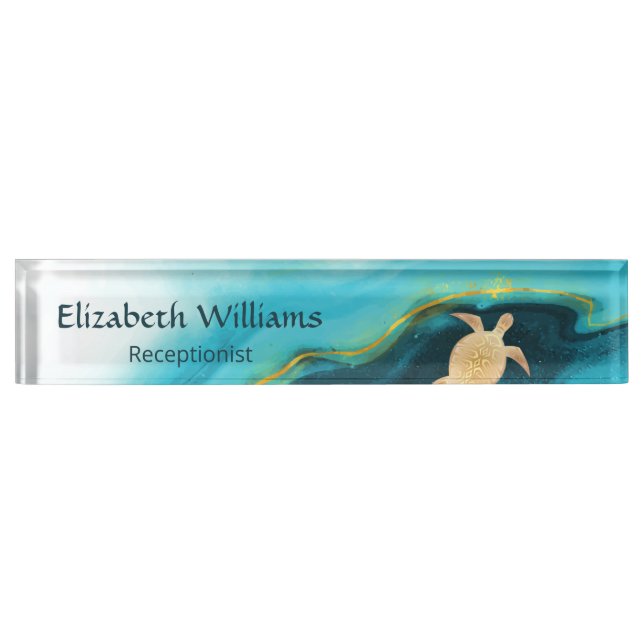 Gold Turtle Blue Watercolor Coastal Nameplate (Front)