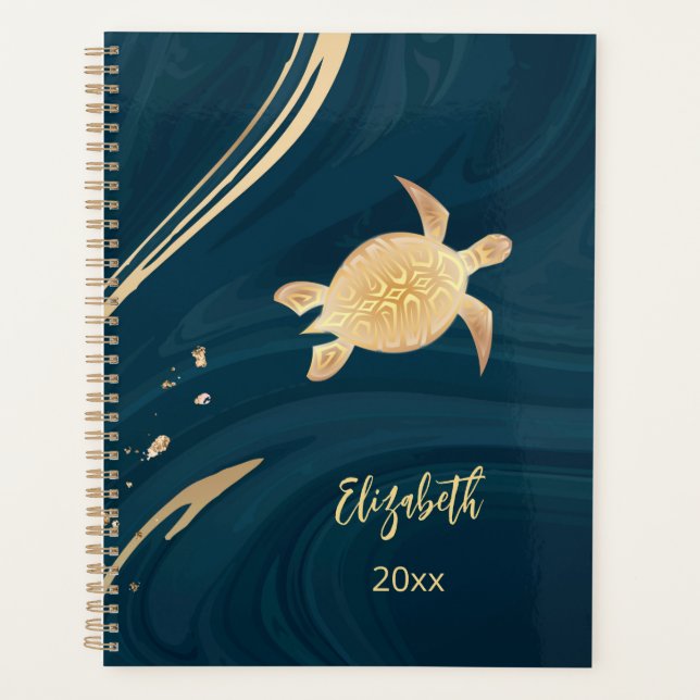Gold Turtle Dark Blue Marble Add Name And Year Planner (Front)