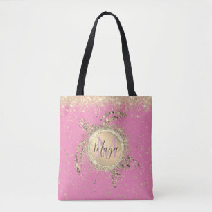 Gold Turtle Glitter Personalised on Pink Tote Bag