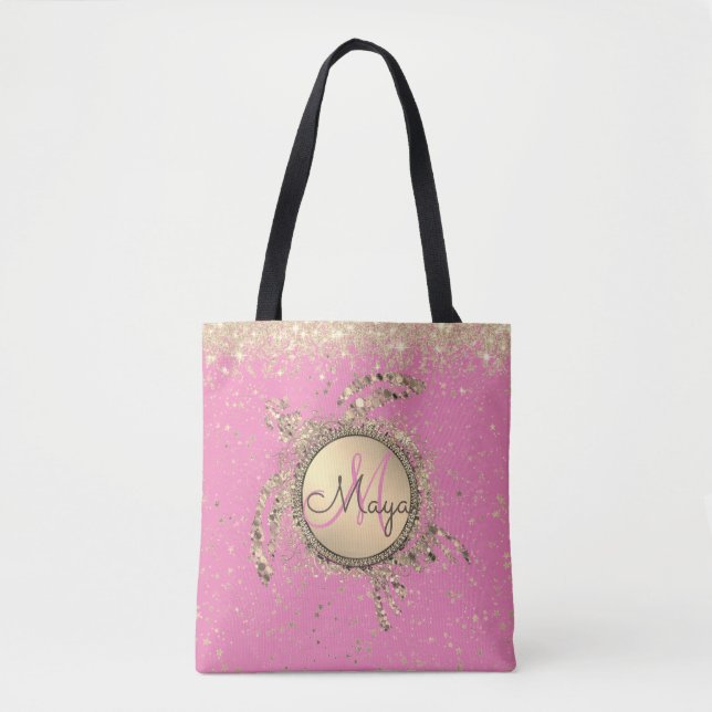 Gold Turtle Monogram Stars Glitter Pink  Tote Bag (Front)
