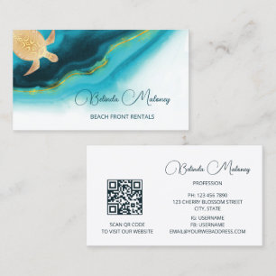 Gold Turtle Teal Ink  Beach Front Rentals  Business Card