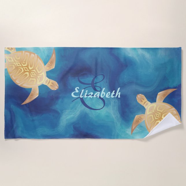 Gold Turtle Tribal Blue Watercolor Monogram  Beach Beach Towel (Front)