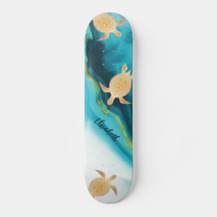 Gold Turtle Tribal Teal Ink Agate Monogram. Skateboard