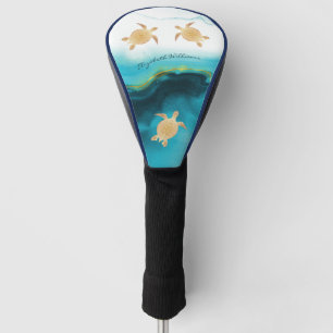 Gold Turtle Tribal Teal Ink Monogram Beach Golf Head Cover
