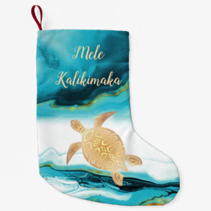 Gold Turtle Tribal Teal Marble Mele Kalikimaka  Small Christmas Stocking