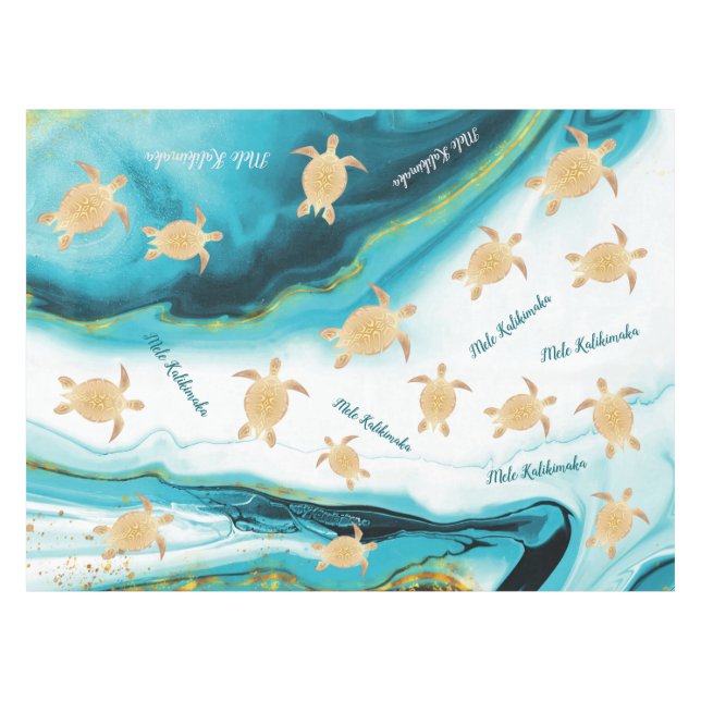 Gold Turtle White Teal Ink Mele Kalikimaka Tablecloth (Front (Horizontal))