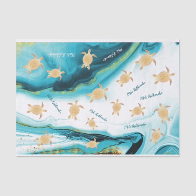 Gold Turtle White Teal Ink Mele Kalikimaka Tissue Paper (Front)