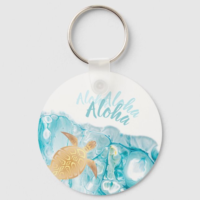 Gold Turtles Blue Ink Aloha Text   Key Ring (Front)