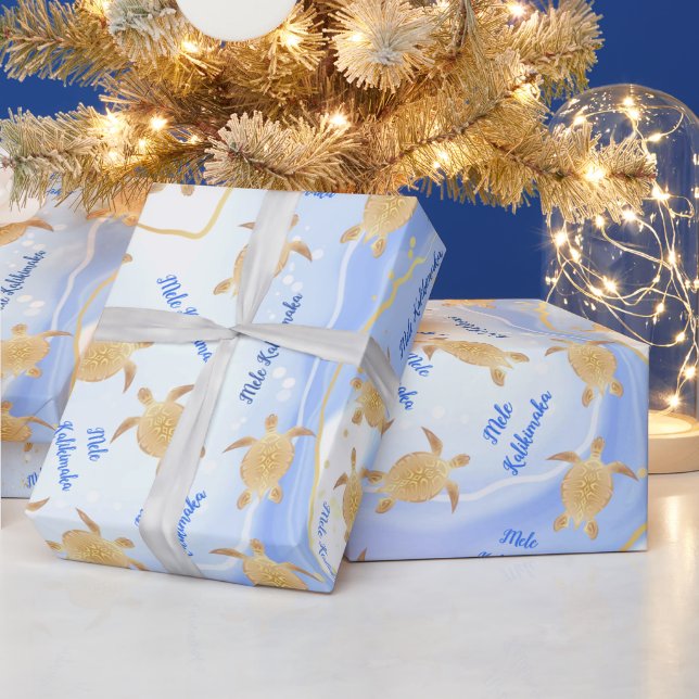 Gold Turtles Blue Ink | Mele Kalikimaka Christmas Wrapping Paper (Holidays)