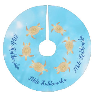 Gold Turtles Mele Kalikimaka  Blue Bokeh Brushed Polyester Tree Skirt