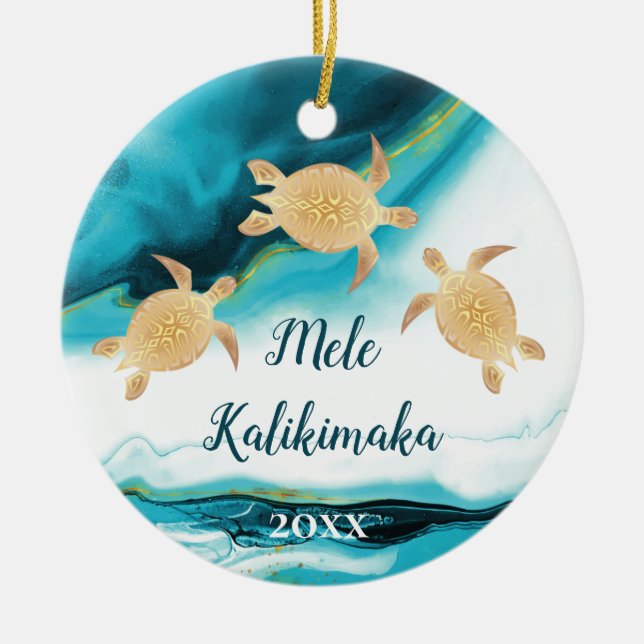 Gold Turtles | Mele Kalikimaka | Family Photo Ceramic Tree Decoration (Front)
