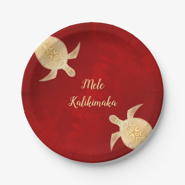 Gold Turtles Mele Kalikimaka Hawaiian Red   Paper Plate (Front)