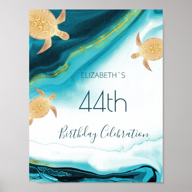 Gold Turtles Teal Ink Custom Birthday Party  Poster (Front)
