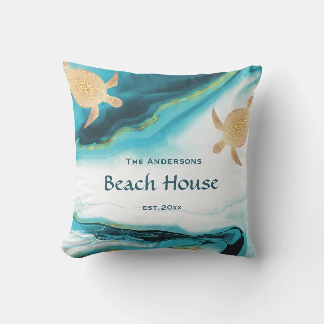  Gold Turtles Teal White Ink Family Name  Cushion (Front)