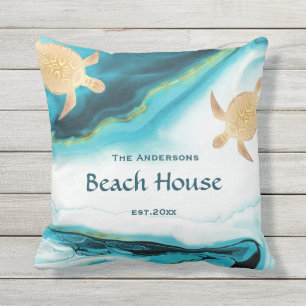 Gold Turtles Teal White Ink Family Name  Cushion