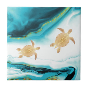 Gold Turtles Teal White Ink  Tile