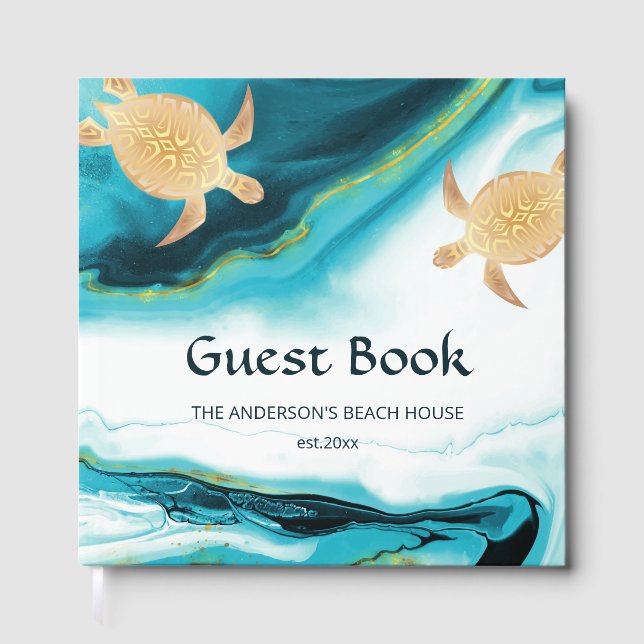 Gold Turtles Turquoise Coastal Beach House Guest Book (Front)